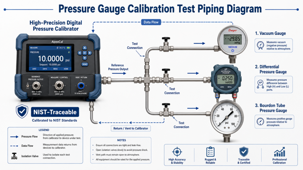 Show A Test Piping Diagram Featuring A High-Precision Digital Pressure Calibrator Connected To Three Different Types Of Pressure Gauges (Vacuum, Differential Pressure, And Bourdon Tube