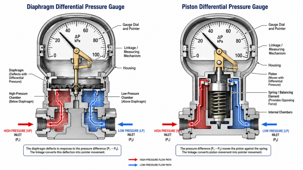 Cad Cross-Sectional View: A Diaphragm-Type Differential Pressure Gauge Is On The Left, And A Piston-Type Differential Pressure Gauge Is On The Right; Fluid Paths Are Indicated By Arrows In Different Colors.