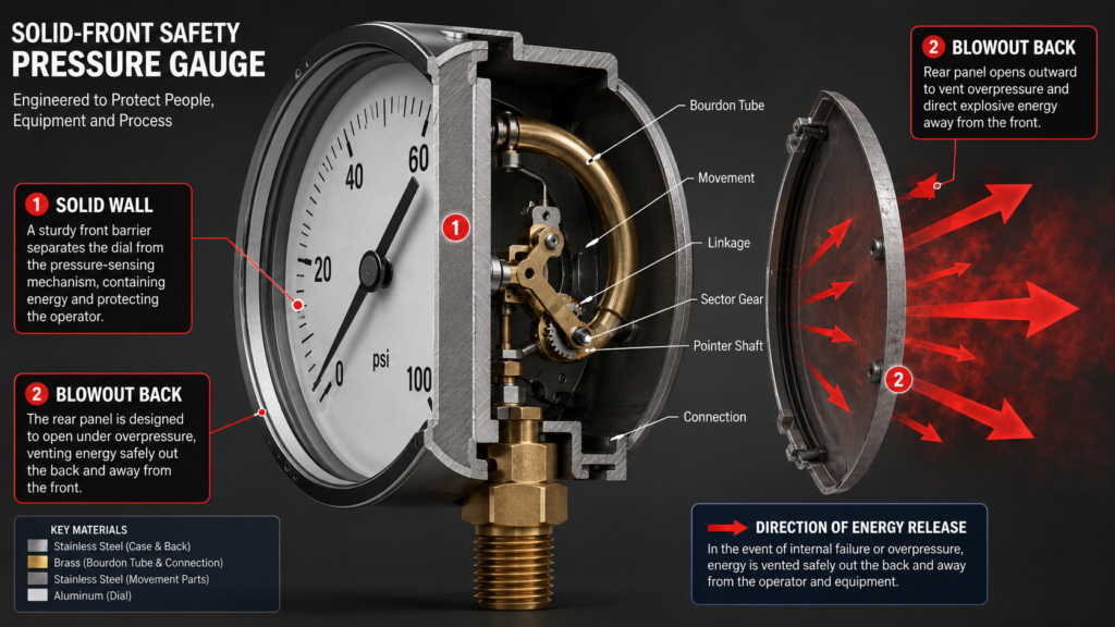 Internal Cutaway View Of A Safety Pressure Gauge. The Robust Front Baffle And The Rear Blow-Out Backplate Are Highlighted, With Red Arrows Indicating The Direction Of Explosive Energy Release.