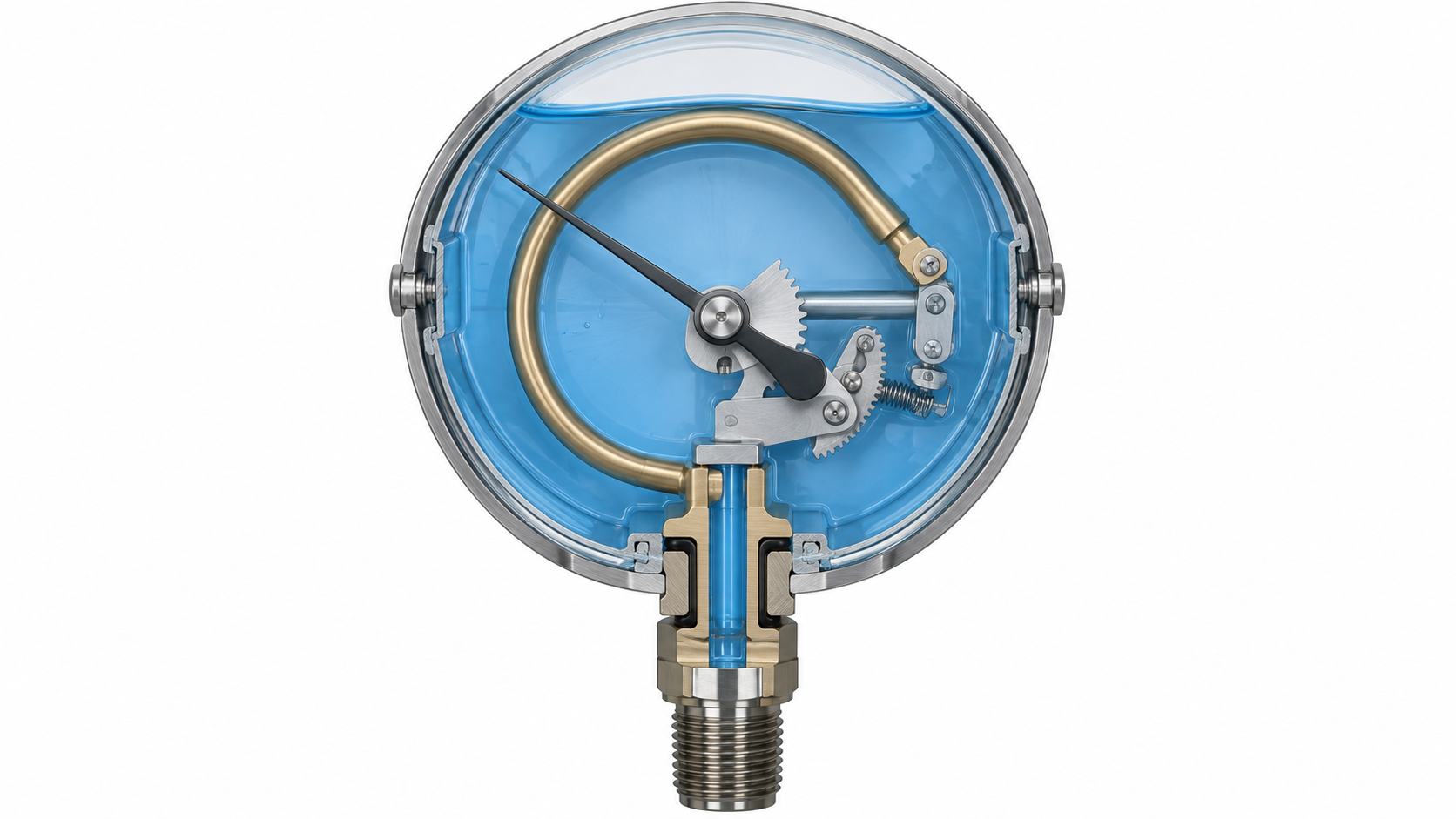 图片尺寸:1672 X 941 Cutaway liquid-filled pressure gauge showing damping fluid around the movement