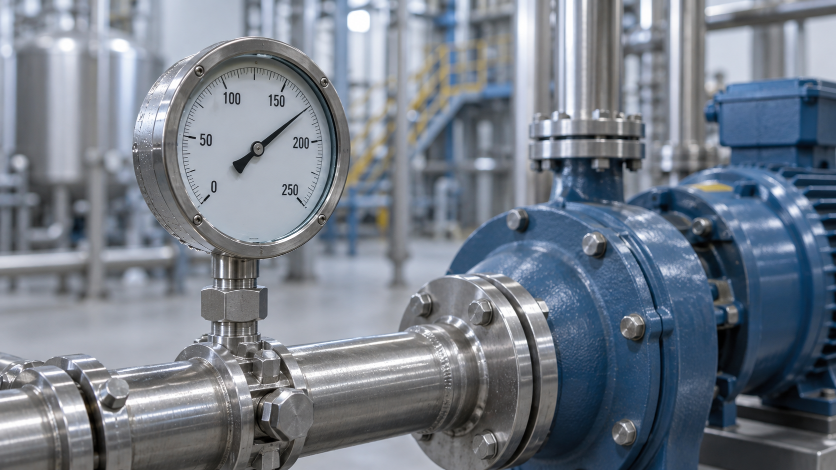 图片尺寸:1672 X 941 Liquid-filled pressure gauge installed on industrial piping
