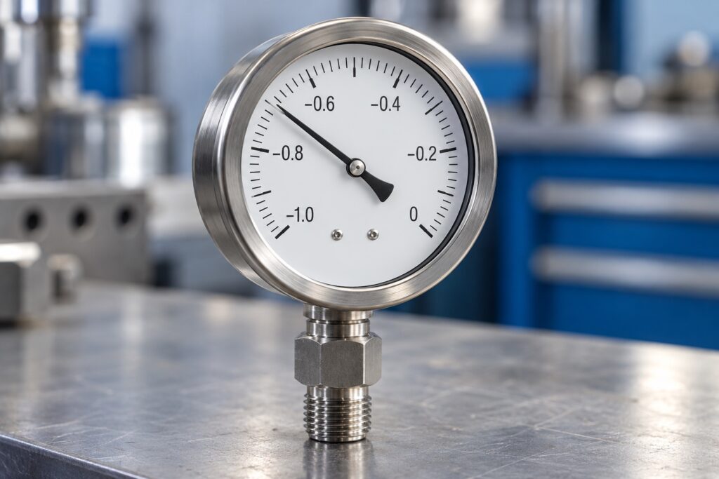 Unbranded analog vacuum gauge with a negative-pressure dial and metal process connection