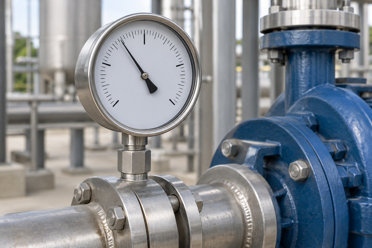 图片尺寸:1536 X 1024 An analog pressure gauge mounted on industrial piping beside a pump.