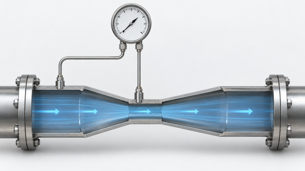 Cutaway Illustration Of A Venturi Tube With Inlet And Throat Pressure Taps Connected To A Differential Pressure Gauge